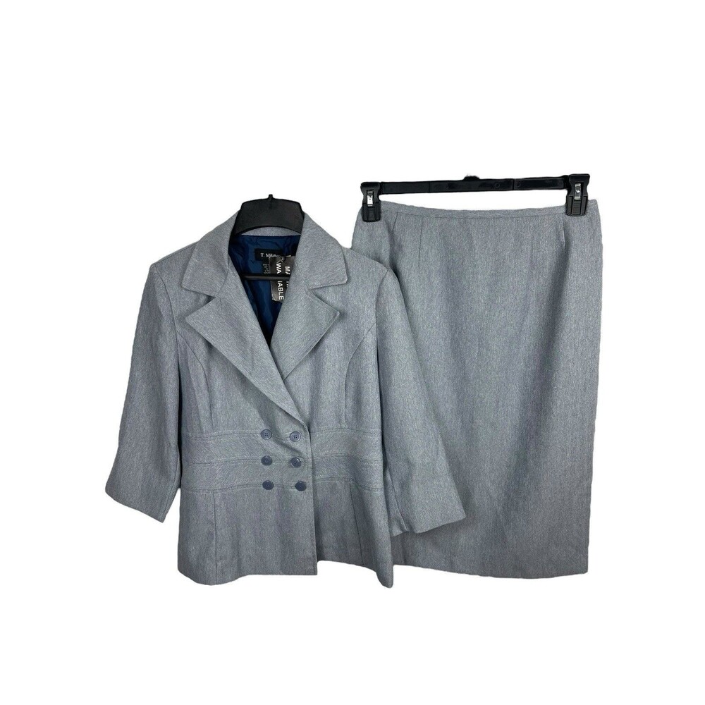 T Milano Blue Gray Small Chevron Skirt Suit 3/4 Sleeve Blazer Full Skirt 6 NWT
